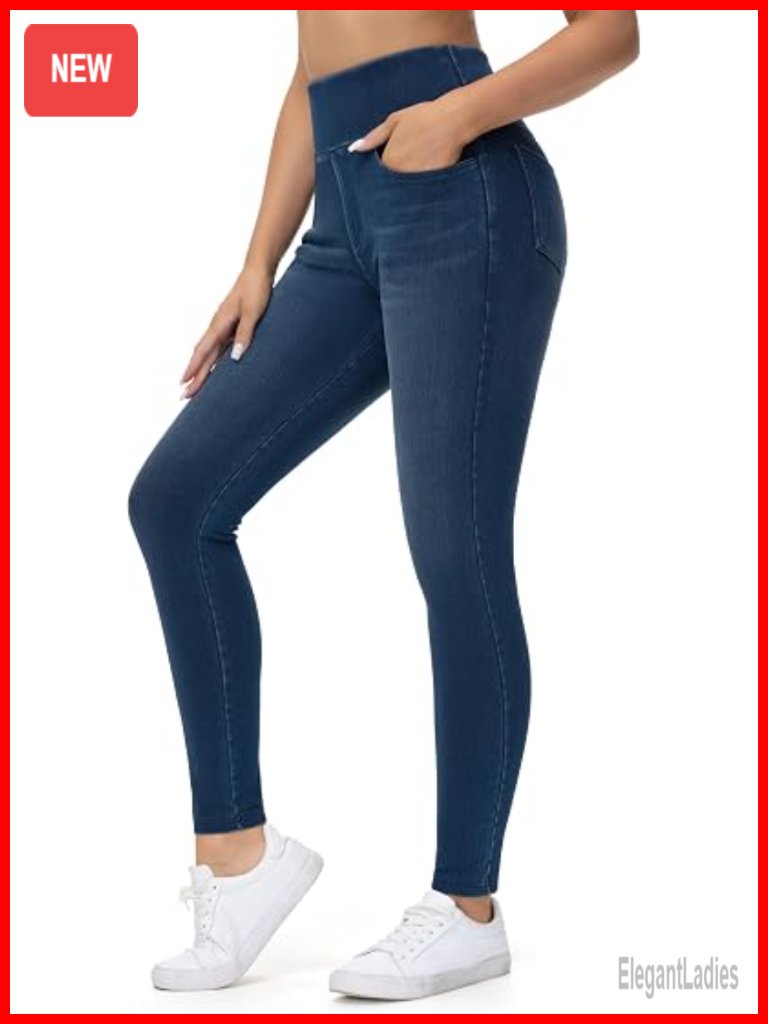 High Waisted Tummy Control Jeggings With Pockets Stretchy Skinny Denim Leggings
